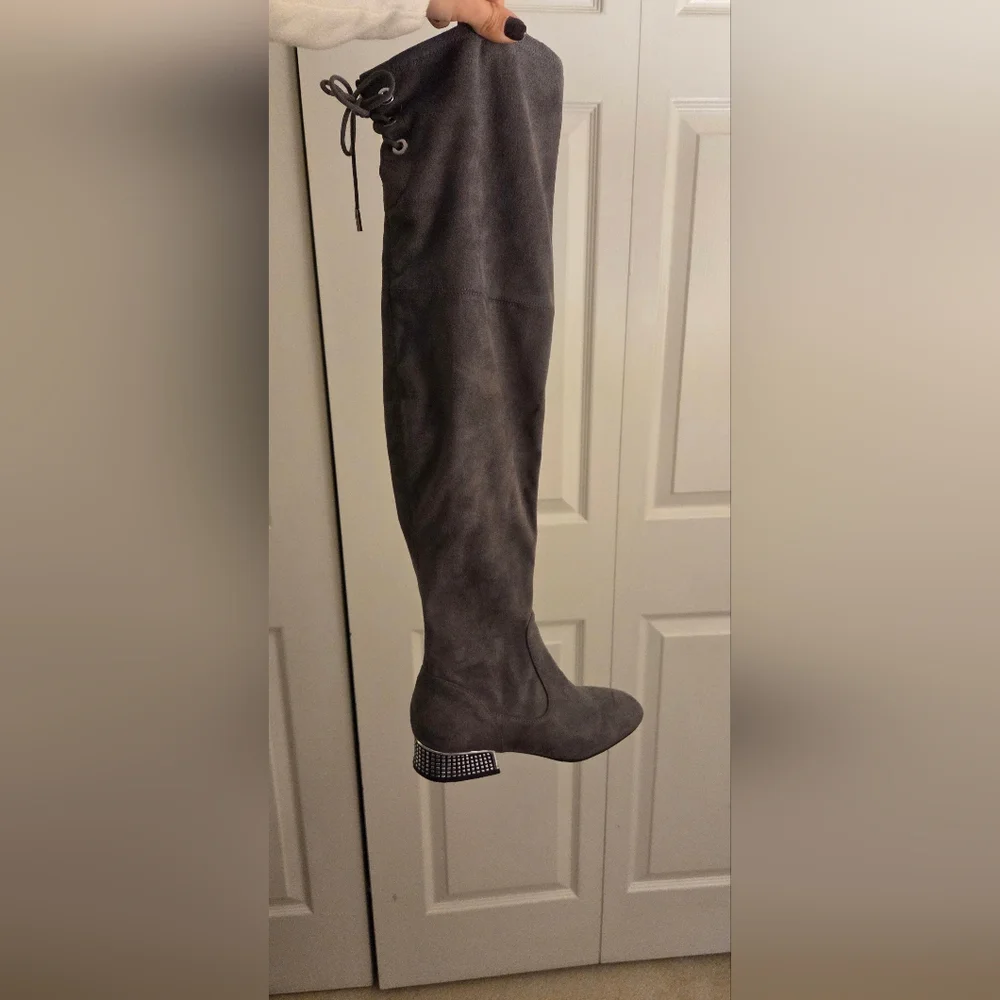 Gray Suede Over-the-Knee Boots - Picture 3 of 6
